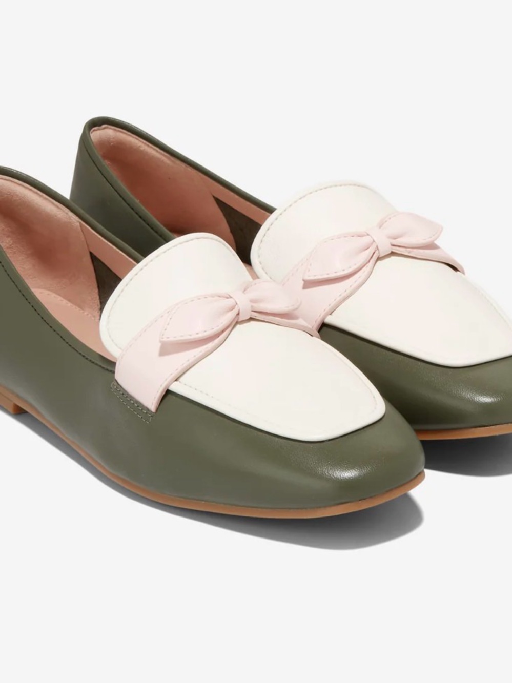 Cole Haan York Tea Leaf Egret and White leather Bow Accent Women's Loafers